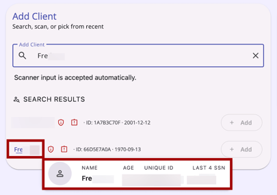 A client name showing on the Attendance module after the hover action that highlights the preview card