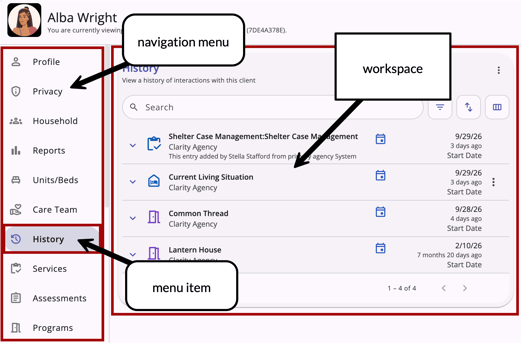 A client navigation menu with the history menu item highlighted and workspace open