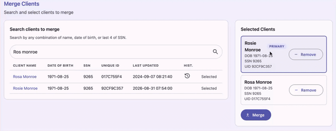 A gif of the client merge module showing how to remove a client from the selection and add a client to the selection