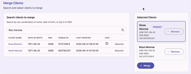 A gif showing the Client Merge with added clients and a change of the primary client