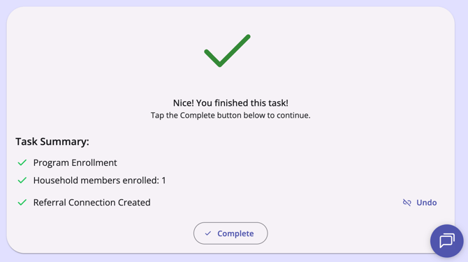A program enrollment showing a successful save message, a task summary, and undo referral option