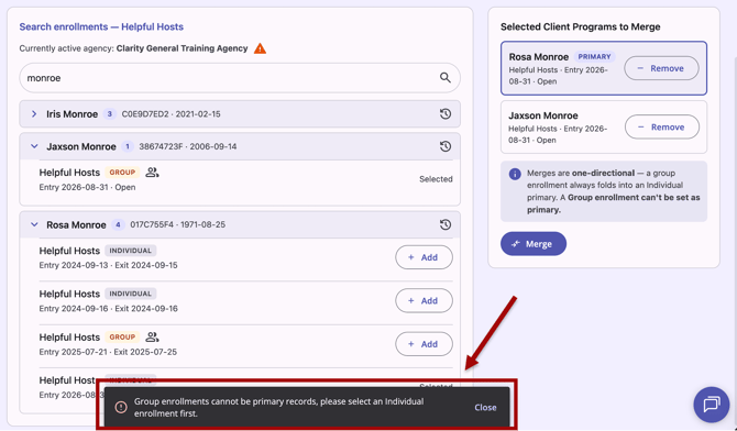A warning notification that shows when a Users attempts to select a group enrollment as primary