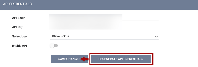 API Credentials highlighting Regeneral API Credentials button with an arrow to Save Changes