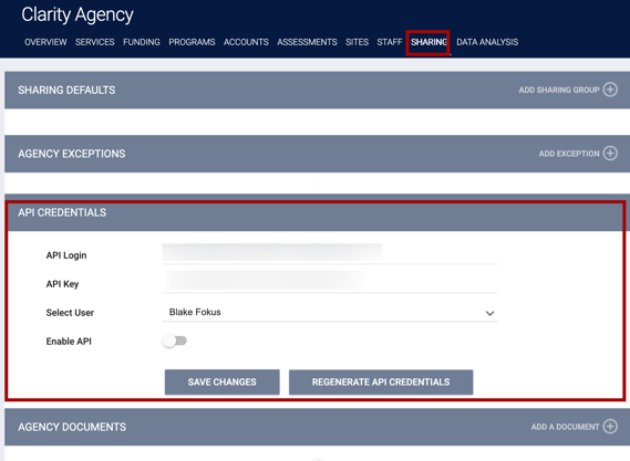 API Credentials location shown in the Sharing settings for an Agency