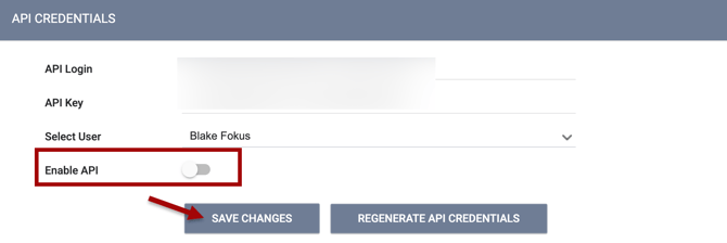 API Credentials section highlighting the Enable API setting with an arrow to Save Changes
