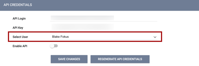 API Credentials section of Sharing highlighting the Select User field
