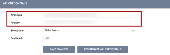 API Credentials section with the API Login and API Key fields highlighted