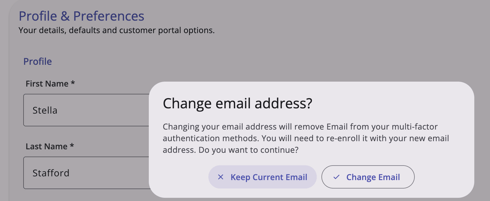Account Settings Change Email and MFA warning notification