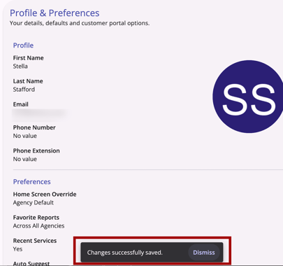 Account Settings Save action that displays a success snackbar