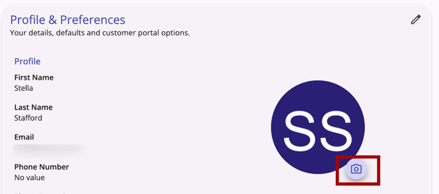 Account Settings Uploading a profile photo with Camera icon highlighted