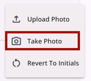 Account Settings example showing the Take Photo option for the Camera icon