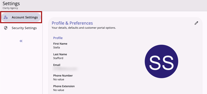 Account Settings tab Default landing tab