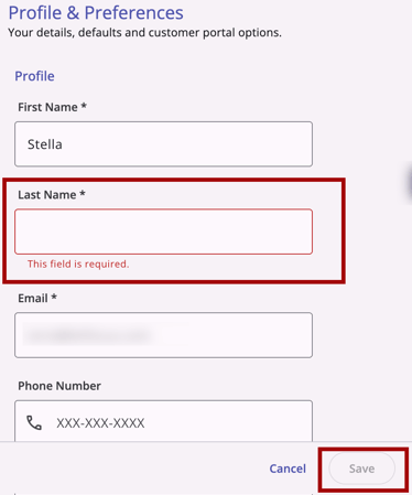 Account Settings tab with required fields scenario highlighted