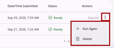 Action Menu for a Report showing 2 options