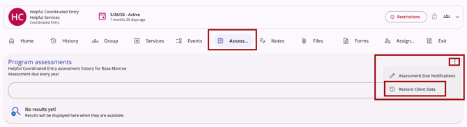 Action Menus Restore Client Data Option