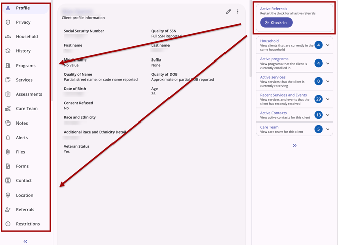 Active Referrals Card with Check-in button is visible for all tabs example