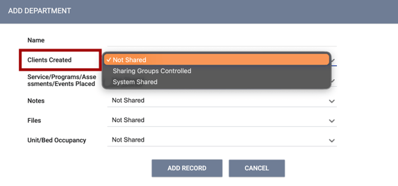 Add Department section showing the Clients Created Option