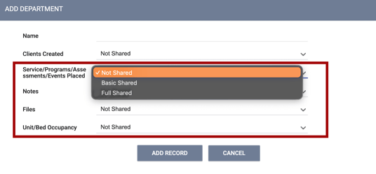 Add Department setting with 4 of the 5 settings highlighted