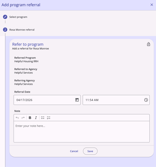 Add Program Referral Selections