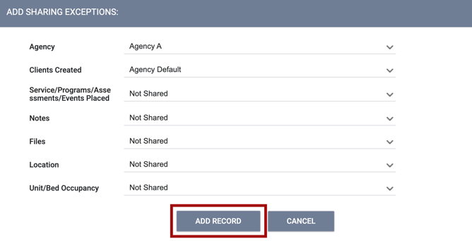 Add Record button showing on the Add Sharing Exceptions page