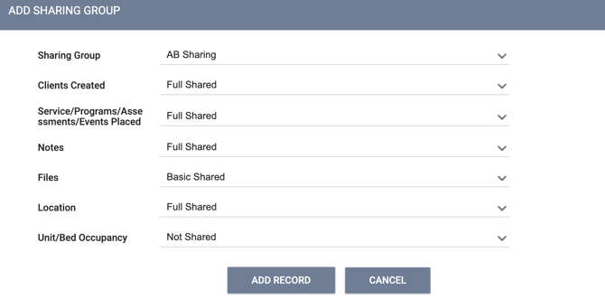 Add Sharing Group with all options showing