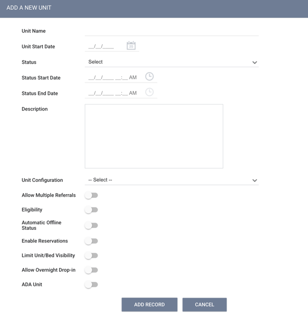 Add a new unit screen showing the available fields