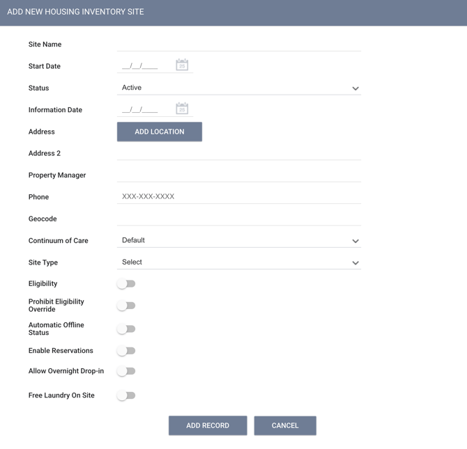 Add new housing inventory site screens with available settings showing