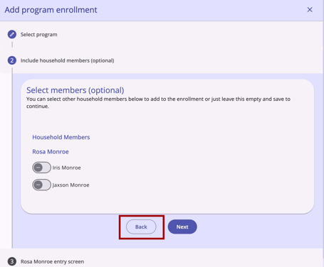 Add program modal showing the Back button