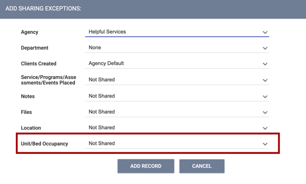 Agency Sharing Exceptions Unit Bed Occupancy setting