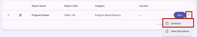 An action menu showing the Schedule Report option
