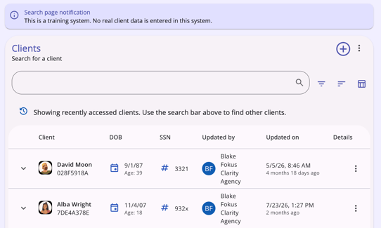 An example of the Clients workspace showing recently accessed clients