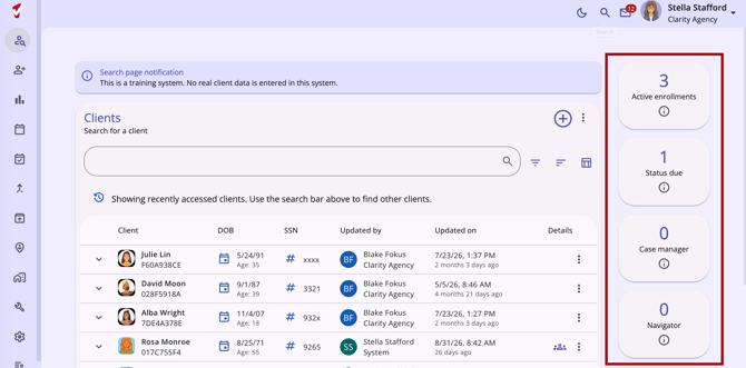An example of the Clients workspace with the Case Management cards highlighted