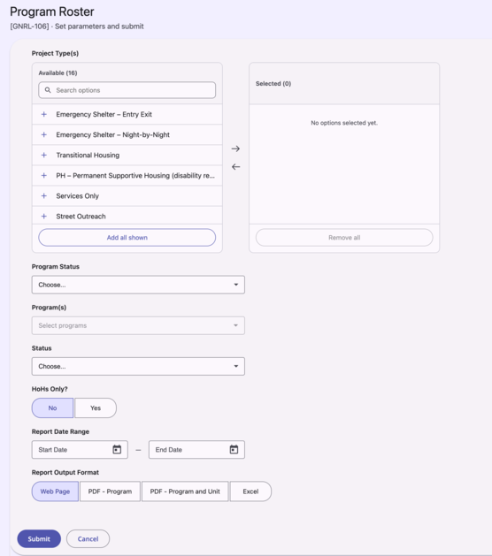 An example set of report parameters
