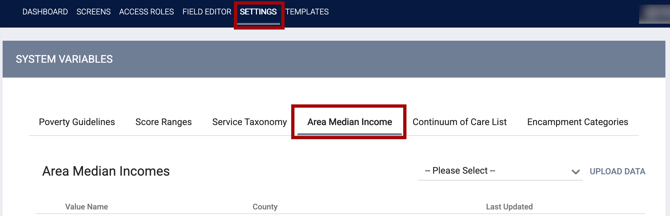Area Median Incomes tab on System Variables Page