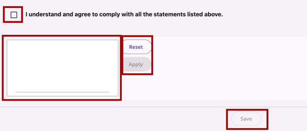 Example of a checkbox, signature field, reset, apply and save