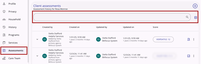 Assessments Tab Search Options