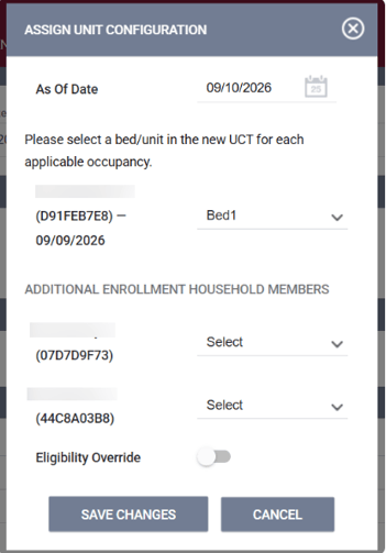 Assign Unit Configuration popup showing an example of a new UCT with optional Household Members