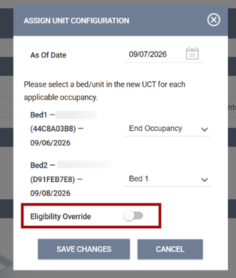 Assign Unit Configuration popup showing examples of UCT occupancy changes