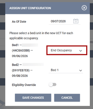 Assign Unit Configuration popup with End Occupancy highlighted