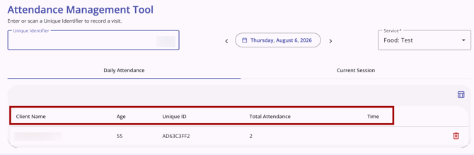 Attendance Management Tool showing the table headers for Daily Attendance tab