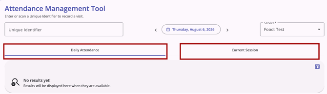 Attendance Management tool showing the Daily Attendance and Current Session tabs