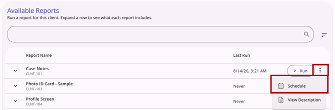 Available Reports page showing the Action Menu with the Schedule option highlighted