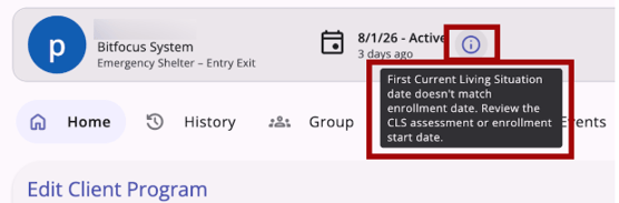 CLS Info icon showing that CLS and Enrollment Date do not match