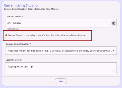CLS showing a Date of Contact warning under the Date of Contact field