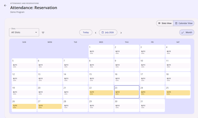 Calendar View for Reservations View