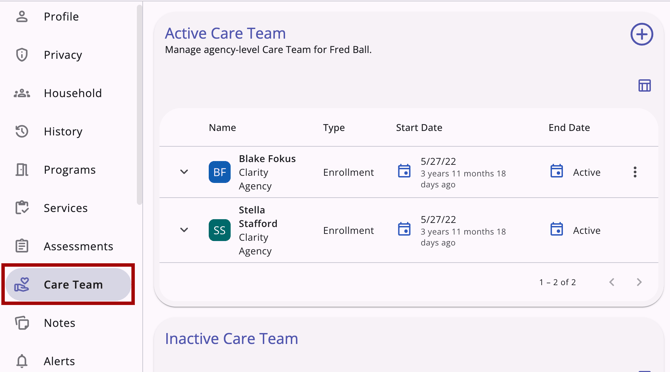 Care Team Tab and Assigned Staff