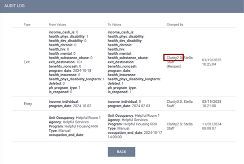 An example of an audit log is shown with the Clarity 2.0 label outlined in red.