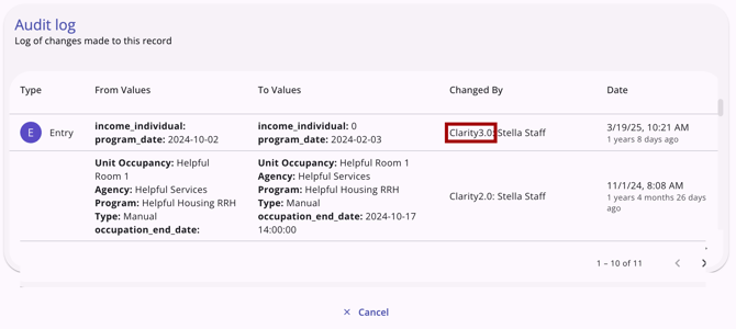 An example of an audit log is shown with the Clarity 3.0 label outlined in red.