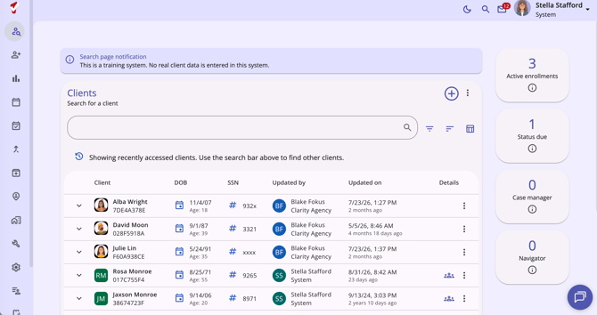 Clarity Human Services page showing the Clients central workspace