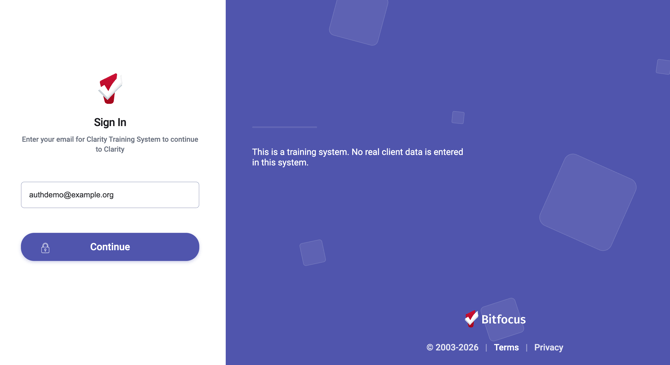 Clarity Sign In page showing an example email entered with a Continue button available